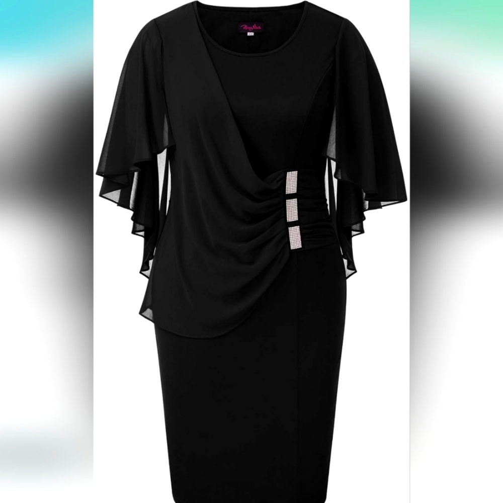 Elegant Black Chiffon Cape Dress XL
